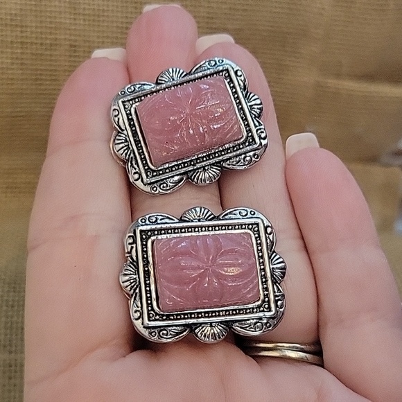 Floral Etched Glass Stud Earrings, pink - Picture 1 of 8